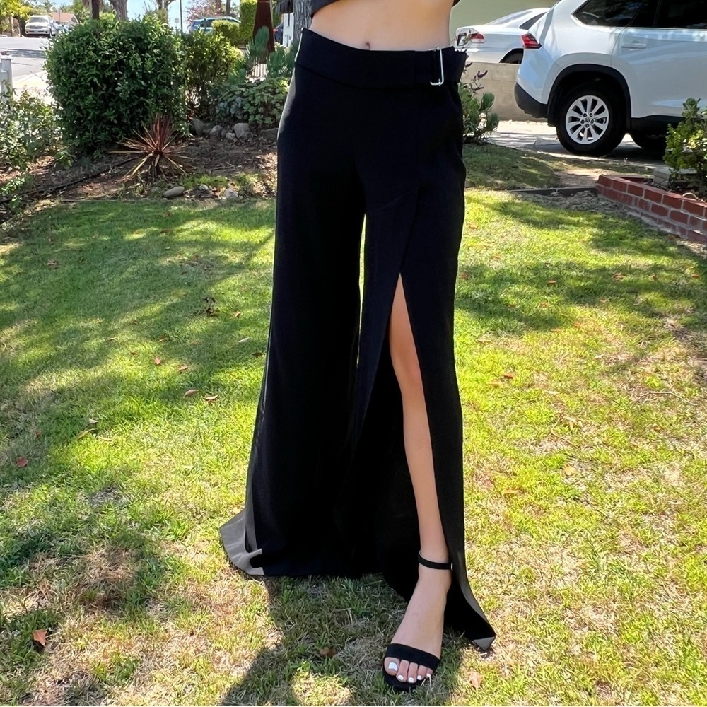 Y2K BEBE Black Split Leg Low Rise Club Pants Belted Flowy Whimsigoth Sz 6 USA